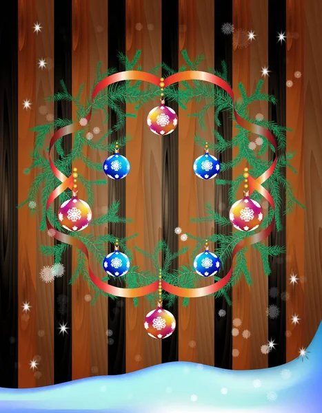 Corona de Navidad con brillantes bolas de Navidad rodeadas de tiernos copos de nieve — Vector de stock