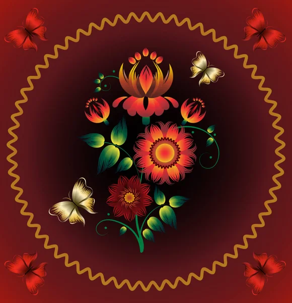 Lidový ornament s červenými květy a řízení motýli v kruhového tvaru — Stockový vektor