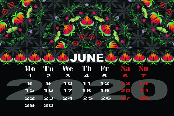 Calendario Decorativo Fiori Folk Decorativo Motivo Floreale Set Elementi Design — Vettoriale Stock