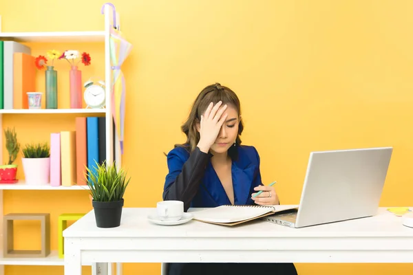 Glada företag dam arbetar på laptop i office — Stockfoto