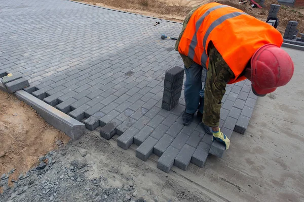 View Builder Red Helmet Paving Road — Stock Photo, Image