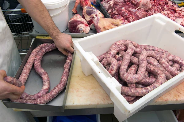 Close Production Sausages Meat Shop — Stock Photo, Image