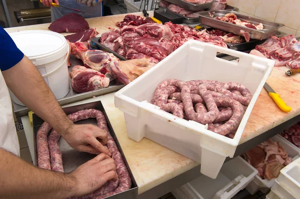 Close Production Sausages Meat Shop — Stock Photo, Image