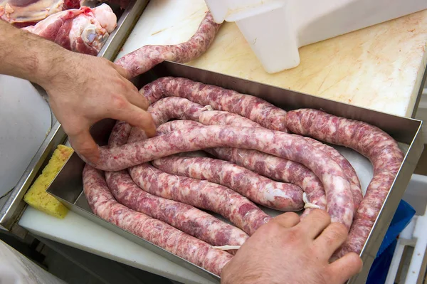 Close Production Sausages Meat Shop — Stock Photo, Image