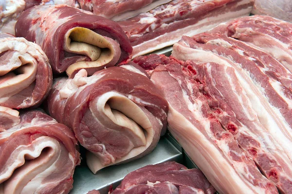 Primer Plano Las Lonchas Carne Fila Tienda Supermercados — Foto de Stock