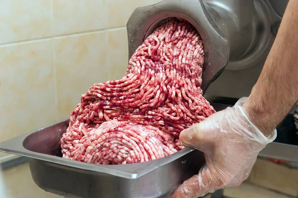 Closeup Production Minced Meat Meat Workshop — Stock Photo, Image