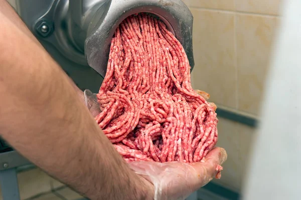 Closeup of production of minced meat in meat workshop