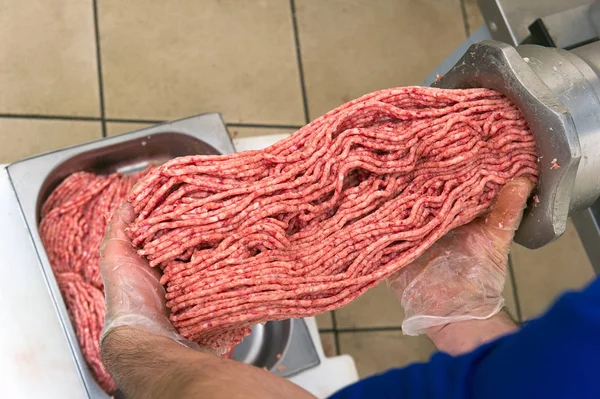 Closeup Production Minced Meat Meat Workshop — Stock Photo, Image