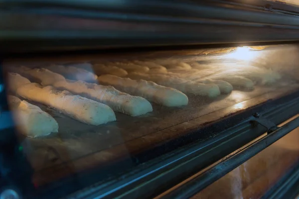 Closeup Dough Baking Tray Oven — Stock Photo, Image