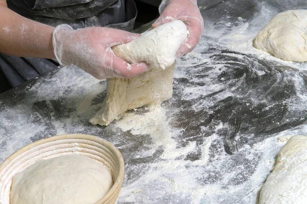 Closeup Female Hands Kneading Dough Table — Stock Photo, Image