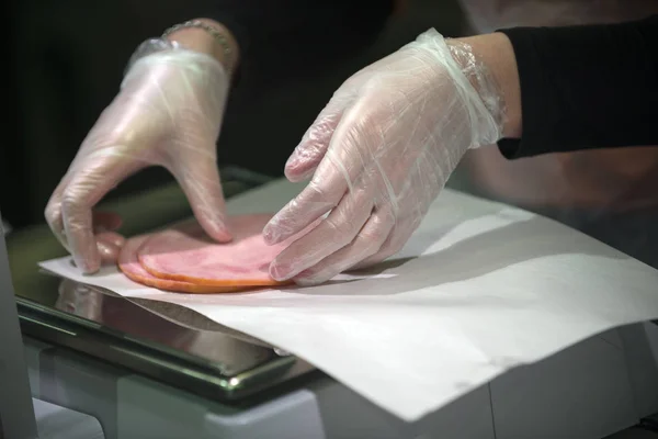 Close Woman Packing Sausage Slices Paper Scales — Stock Photo, Image