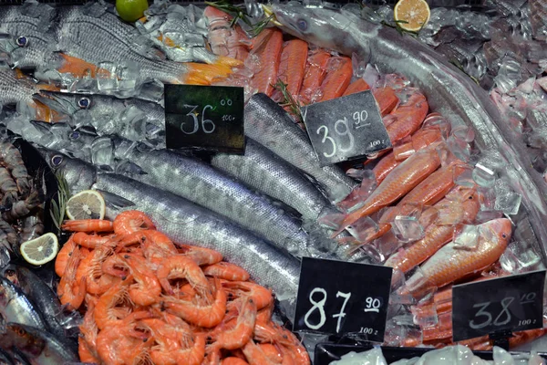 Fischmarkt Mit Verschiedenen Arten Von Frischem Meeresfisch — Stockfoto