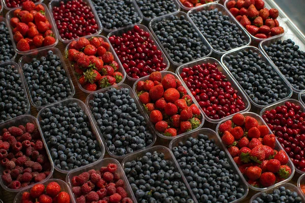 Verschillende Soorten Verse Bessen Markt — Stockfoto