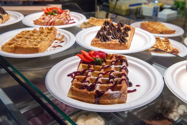 View Plates Brussels Waffle Different Toppings Market — Stock Photo, Image
