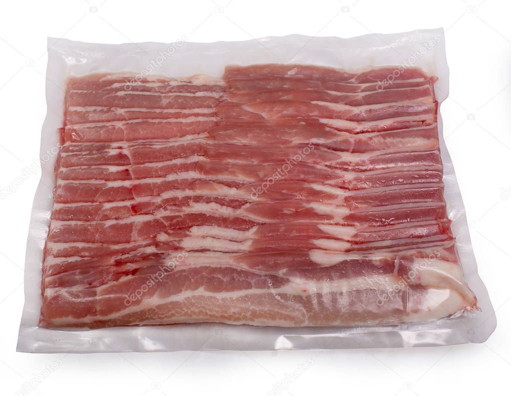 pork bacon in vacuum packing isolated on white background