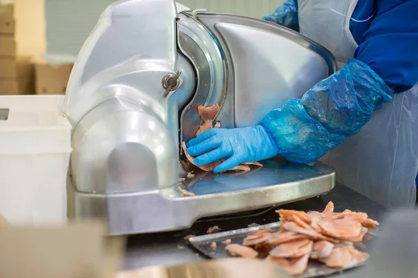 Weighing Slices Frozen Trout Factory Processing Fish — Stock Photo, Image