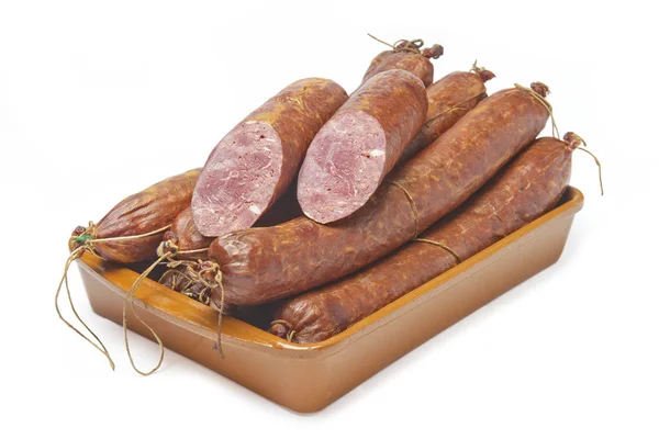 Fresh Sausages Plate White Background — Stock Photo, Image