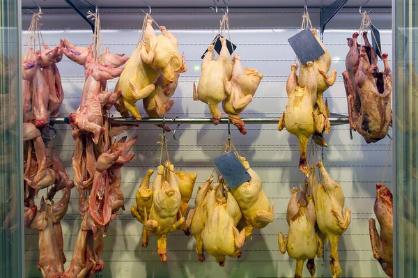 Försäljning av fjäderfä, lantbruksfjäderfä i livsmedelsbutiken — Stockfoto