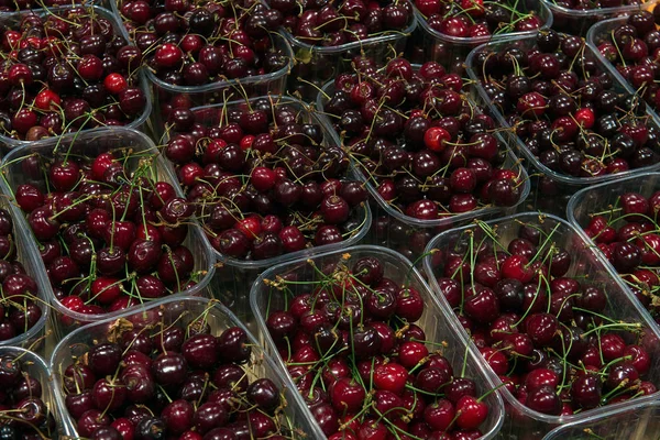 Sale of sweet cherries in the grocery market — ストック写真