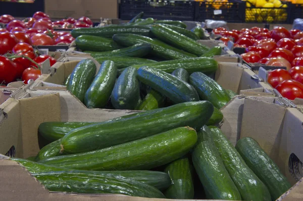 Sale of tomatoes and cucumbers in the vegetable department — Stock Photo, Image
