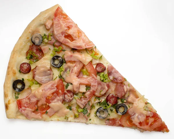 Triangular piece of pizza on a white background — Stock Photo, Image
