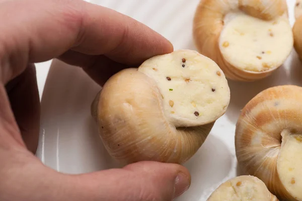 Mano Sostiene Caracol Relleno Con Salsa — Foto de Stock