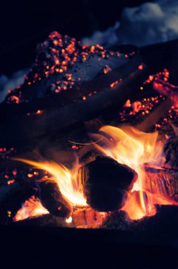 Burning logs in fire pit with cooking dome in the background clipart