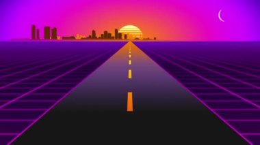 Uzak şehir siluetiyle gün batımına doğru sürüyorum. Retro dalga, sentetik kablo animasyon şebekesi, 80 'lerin gelecekteki sonsuz döngülü geçmişi, 4k