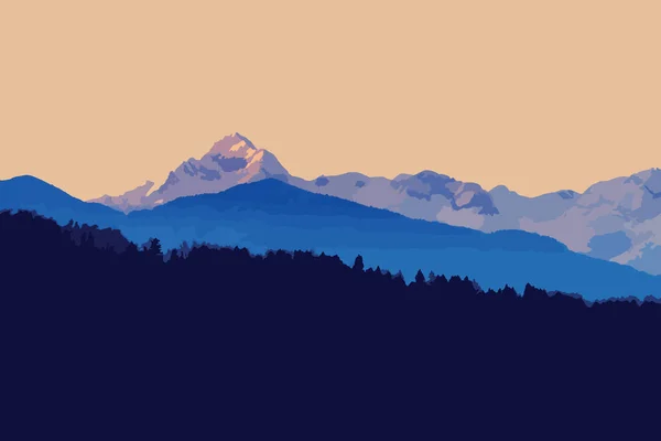 Όμορφο ορεινό τοπίο στο ηλιοβασίλεμα. Σκιαγραφία δάσους σε πρώτο πλάνο — Διανυσματικό Αρχείο