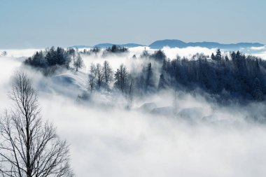 Güzel kış manzarası, karla kaplı arazi ve sisli köy.