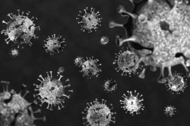 Siyah ve beyaz, yeni Coronavirus 2019-nCov 'un mikroskop altında üç boyutlu yorumlanması. Salgın. Salgın hastalıklar, sağlık hizmetleri ve aşı kavramları