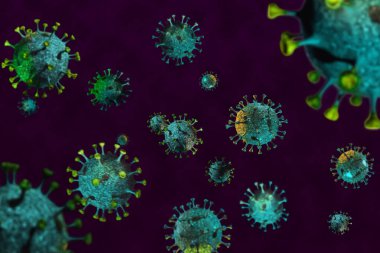 Yeni Coronavirus 2019-nCov 'un kavramsal 3D yorumlanması koyu mor arka planda mikroskop altında. Salgın. Salgın hastalıklar, sağlık hizmetleri ve aşı kavramları