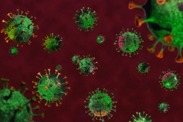 Yeni Coronavirus 2019-nCov 'un kan kırmızısı arkaplan üzerinde mikroskop altında, kavramsal 3D görüntüleme. Salgın. Sağlık ve aşı kavramları