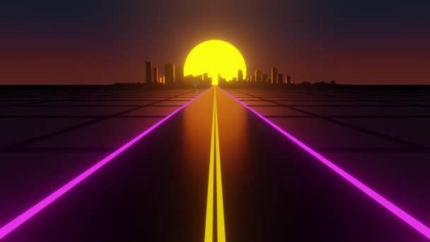 Dirigindo Estrada Duas Faixas Direção Cidade Distante Com Pôr Sol — Vídeo de Stock