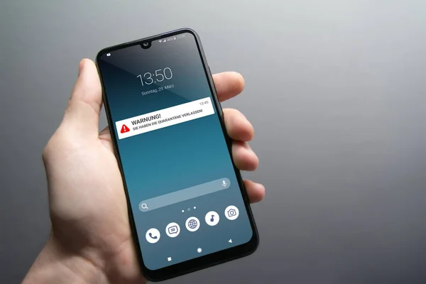 Quarentena Quebra Alerta Mockup Língua Alemã Smartphone Sendo Realizada Pela — Fotografia de Stock