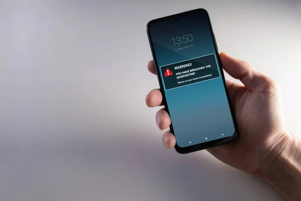 Quarentena Quebra Aviso Notificação Mockup Smartphone Realizada Mão Conselhos Para — Fotografia de Stock