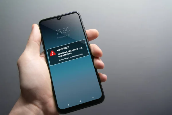 Quarentena Quebra Alerta Mockup Smartphone Que Está Sendo Realizada Mão — Fotografia de Stock
