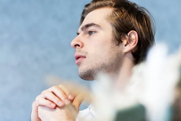 Handsome Pensive Male White Shirt Looking Away Sitting Table Cafeteria Stock Picture