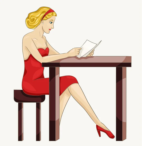 Wanita muda membaca di meja - Stok Vektor