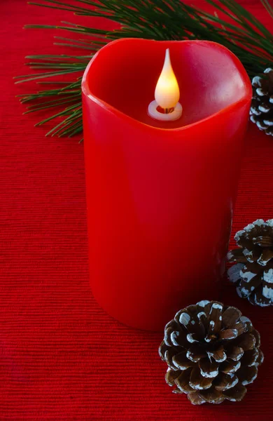 Christmas Candle, Pine Tree Twig and Pine Cones — Stock Photo, Image