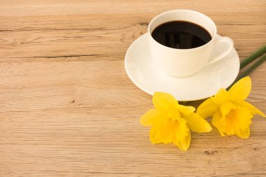 Fincan sade kahve ve iki nergis  