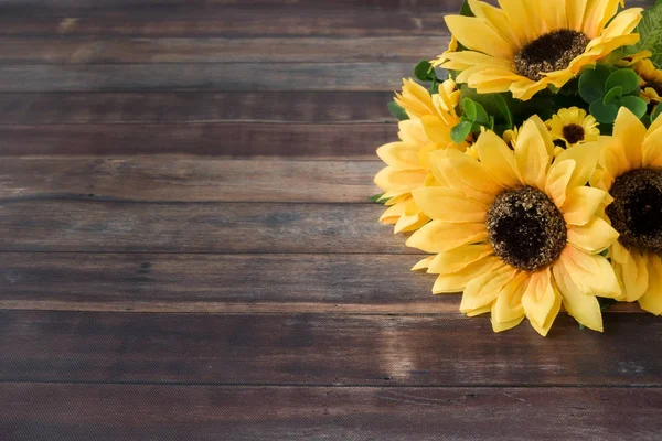 Sunflower Bouquet on Dark Brown Wooden Background — Stock Photo, Image