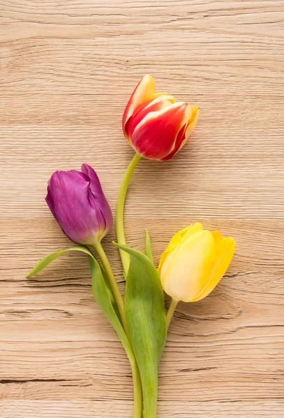 Amarelo, roxo e tulipas vermelhas em fundo de madeira — Fotografia de Stock