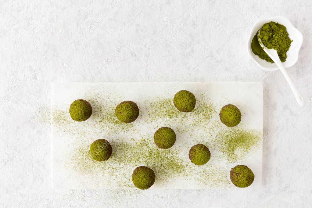 Homemade Chocolate Truffles dusted with Matcha Powder 