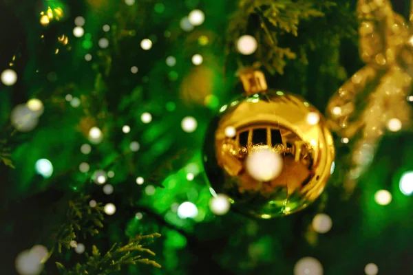 Close up Gold Christmas ball on the branches fir. macro photography — Stock Photo, Image