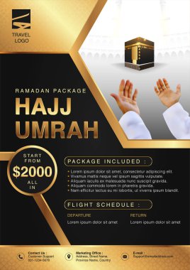 İslami Ramazan Hac & Umrah Broşürü veya Flyer Şablon Arkaplan Vektör Tasarımı Dua eden eller ve Mekke Resimlerinde 3d gerçekçi tasarım.