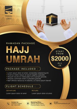 İslami Ramazan Hac & Umrah Broşürü veya Flyer Şablon Arkaplan Vektör Tasarımı Dua eden eller ve Mekke Resimlerinde 3d gerçekçi tasarım.