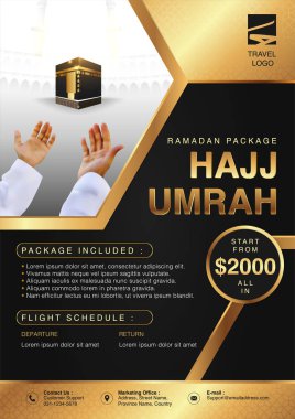 İslami Ramazan Hac & Umrah Broşürü veya Flyer Şablon Arkaplan Vektör Tasarımı Dua eden eller ve Mekke Resimlerinde 3d gerçekçi tasarım.
