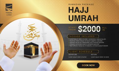 İslami Ramazan Hac & Umrah Broşürü veya Flyer Şablon Arkaplan Vektör Tasarımı Dua eden eller ve Mekke Resimleri. 