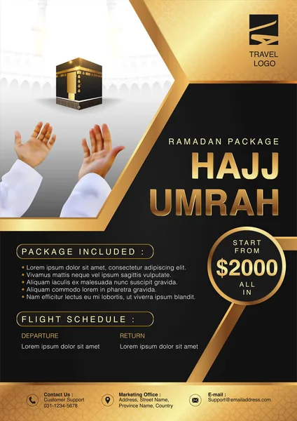 İslami Ramazan Hac & Umrah Broşürü veya Flyer Şablon Arkaplan Vektör Tasarımı Dua eden eller ve Mekke Resimlerinde 3d gerçekçi tasarım.